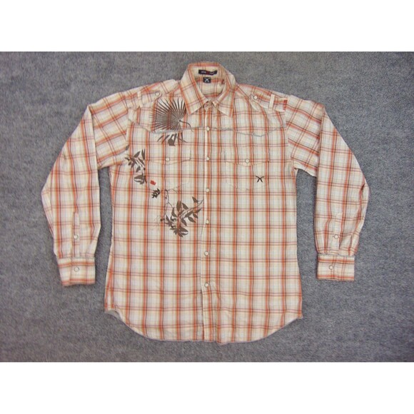 Artful‎ Dodger Shirt Mens Med Orange White Plaid Western Pearl Snaps - Picture 2 of 10